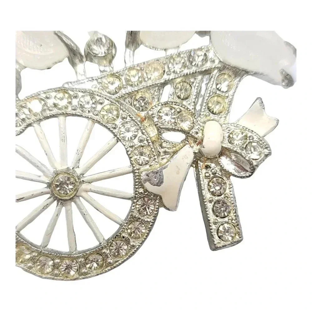 Pave White Enamel Moonstone Fruit Salad Flower Basket Cart Wheelbarrow Bow Pin